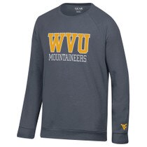 Navy WVU crew sweatshirt with WVU over Mountaineers full front screen print in white suede puff ink, and a small Flying WV Logo above cuff on left sleeve